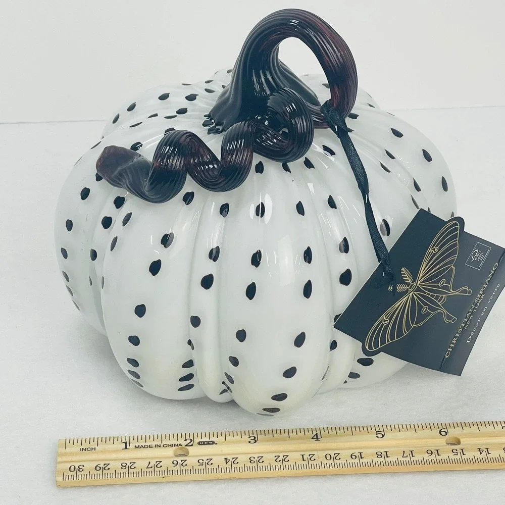 Christian Siriano New York Glass Pumpkin Decor White Black Polka Dot Purple Stem